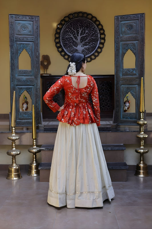 Stylish Orange Embroidered Cosmos Readymade Long Sleeves Crop Top for Women
