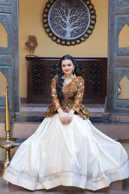Elegant Brown Embroidered Cosmos Readymade Long Sleeves Crop Top for Women
