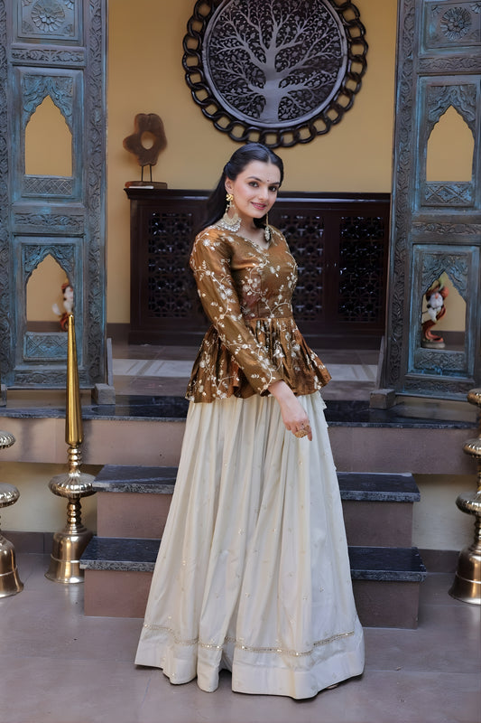 Elegant Brown Embroidered Cosmos Readymade Long Sleeves Crop Top for Women