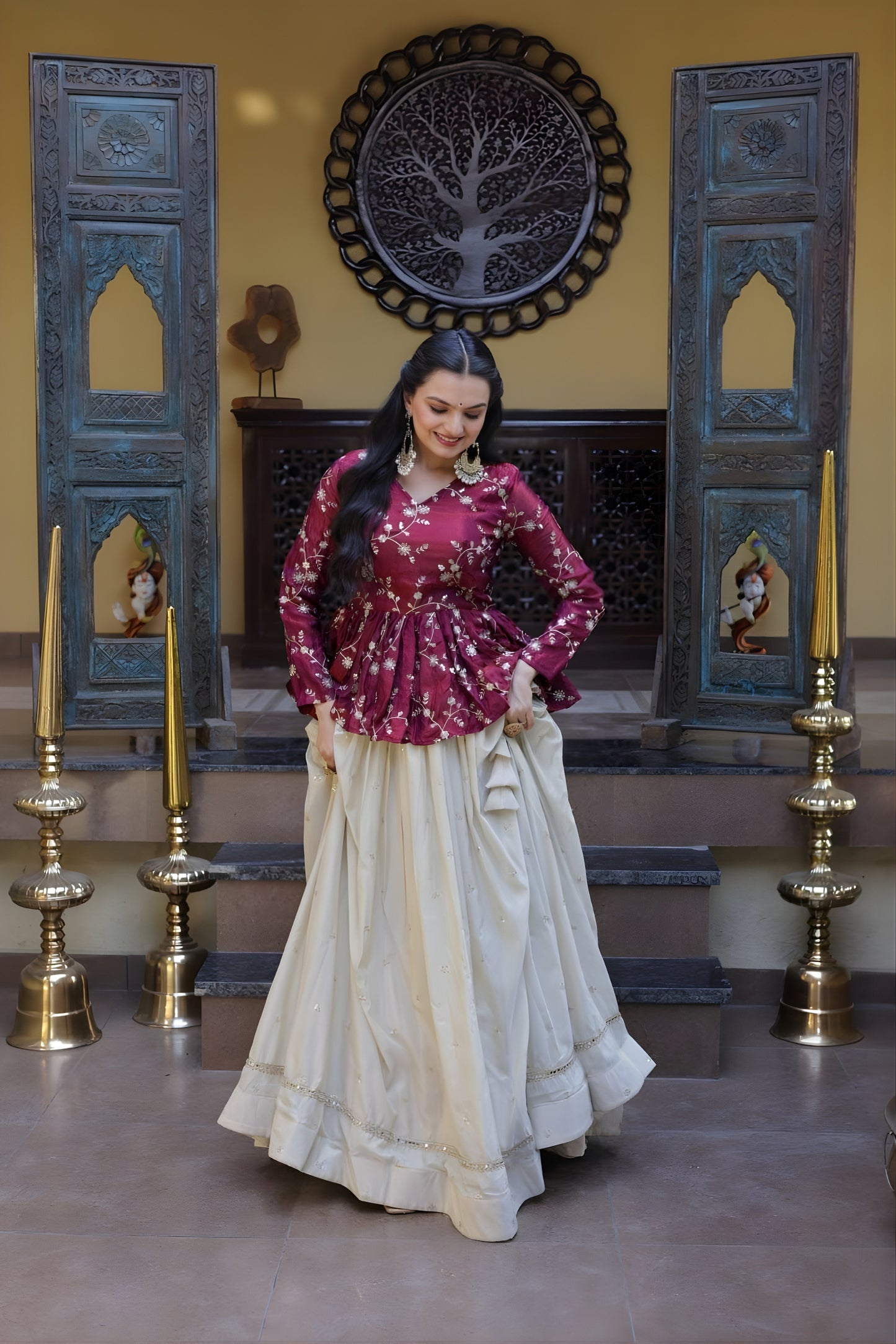 Stylish Purple Embroidered Cosmos Readymade Long Sleeves Crop Top for Women