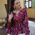 Stylish Purple Embroidered Cosmos Readymade Long Sleeves Crop Top for Women