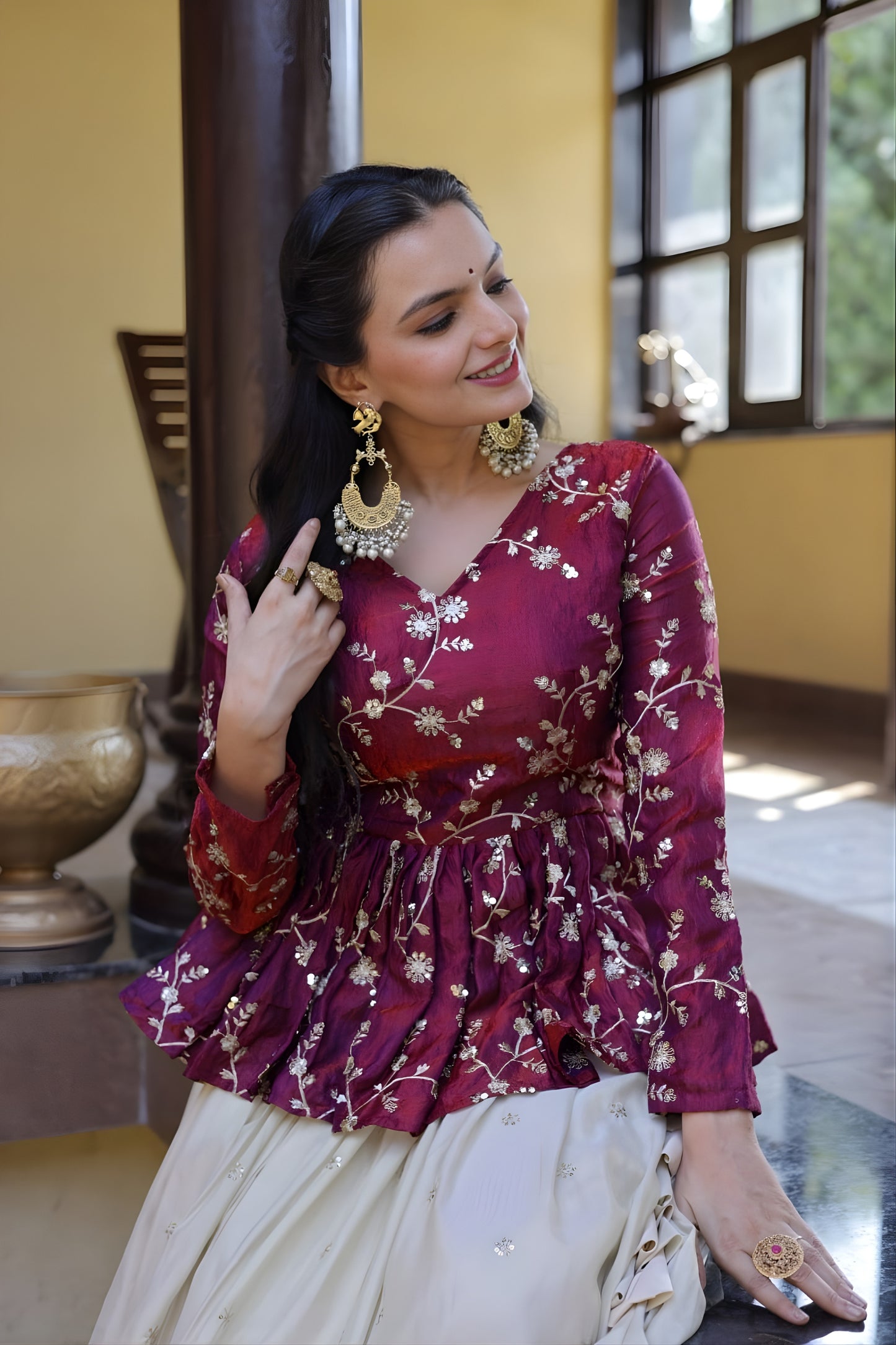 Stylish Purple Embroidered Cosmos Readymade Long Sleeves Crop Top for Women