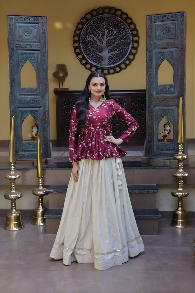Stylish Purple Embroidered Cosmos Readymade Long Sleeves Crop Top for Women