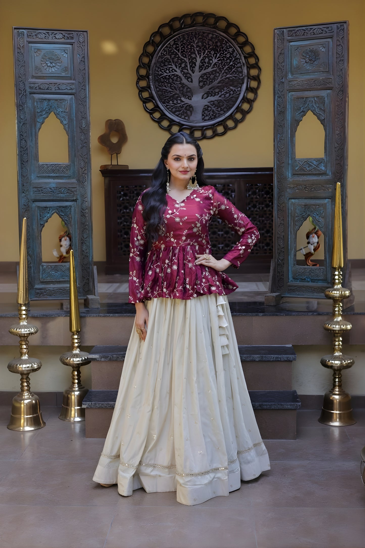 Stylish Purple Embroidered Cosmos Readymade Long Sleeves Crop Top for Women