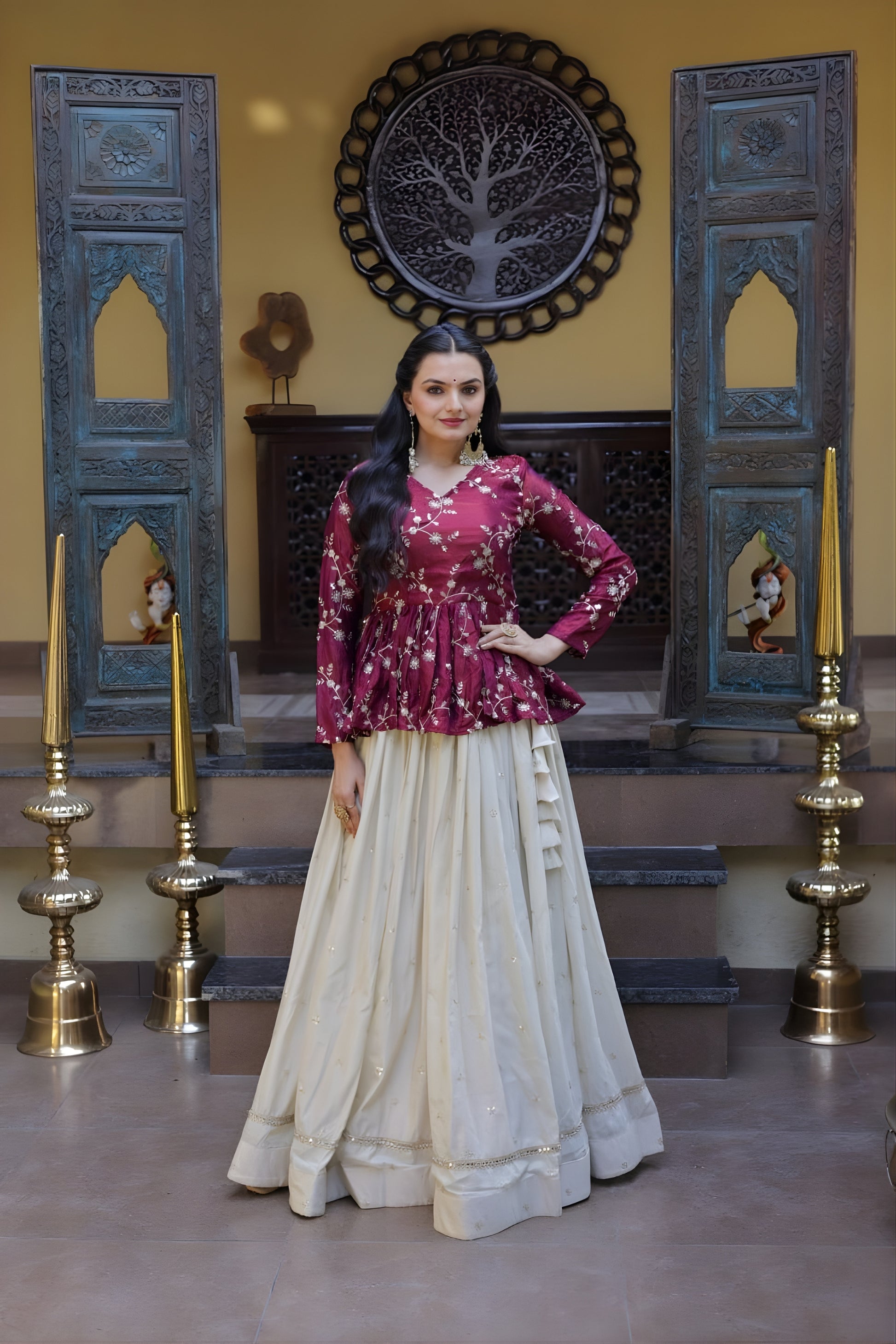 Stylish Purple Embroidered Cosmos Readymade Long Sleeves Crop Top for Women