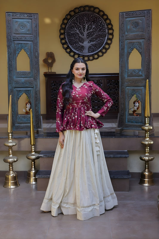Stylish Purple Embroidered Cosmos Readymade Long Sleeves Crop Top for Women