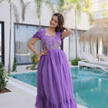 Elegant Lavender Embroidered Chanderi Designer Gown with Cap Sleeves for Women