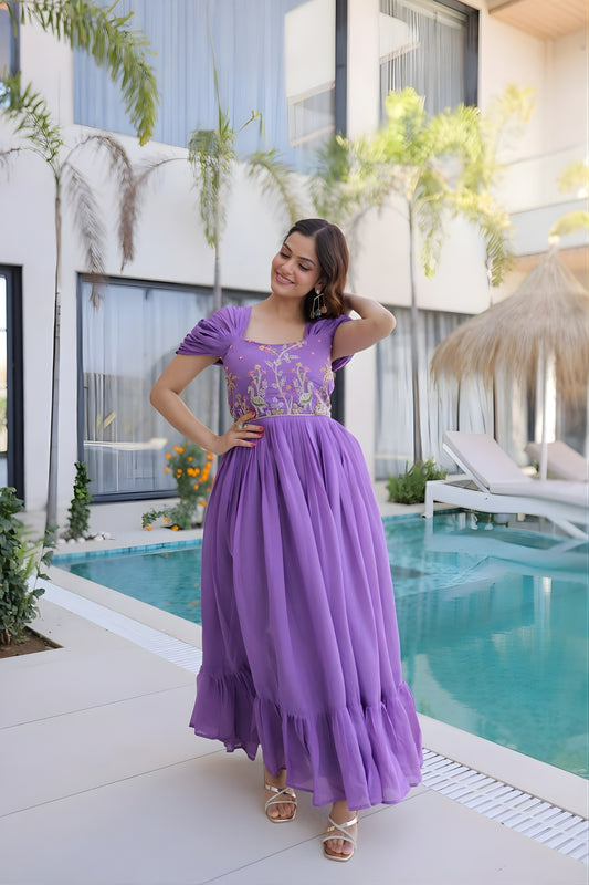 Elegant Lavender Embroidered Chanderi Designer Gown with Cap Sleeves for Women
