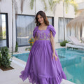 Elegant Lavender Embroidered Chanderi Designer Gown with Cap Sleeves for Women