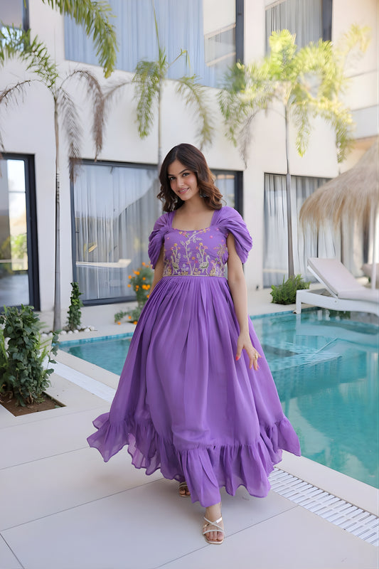 Elegant Lavender Embroidered Chanderi Designer Gown with Cap Sleeves for Women