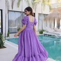Elegant Lavender Embroidered Chanderi Designer Gown with Cap Sleeves for Women