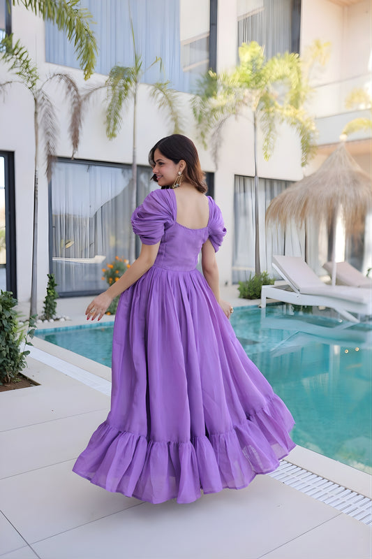 Elegant Lavender Embroidered Chanderi Designer Gown with Cap Sleeves for Women