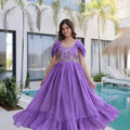 Elegant Lavender Embroidered Chanderi Designer Gown with Cap Sleeves for Women
