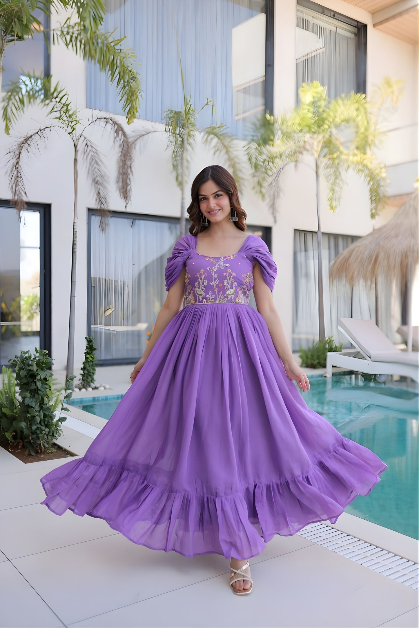 Elegant Lavender Embroidered Chanderi Designer Gown with Cap Sleeves for Women