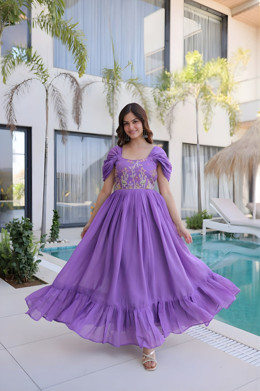 Elegant Lavender Embroidered Chanderi Designer Gown with Cap Sleeves for Women