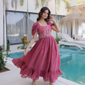 Stylish Rose Pink Embroidered Chanderi Designer Gown with Cap Sleeves for Women