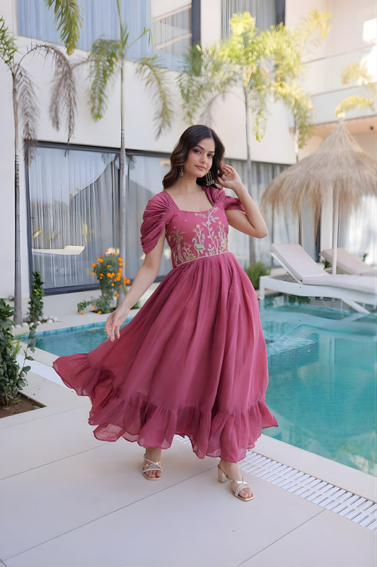 Stylish Rose Pink Embroidered Chanderi Designer Gown with Cap Sleeves for Women