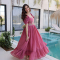 Stylish Rose Pink Embroidered Chanderi Designer Gown with Cap Sleeves for Women