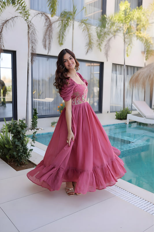 Stylish Rose Pink Embroidered Chanderi Designer Gown with Cap Sleeves for Women