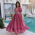 Stylish Rose Pink Embroidered Chanderi Designer Gown with Cap Sleeves for Women