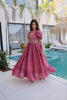 Stylish Rose Pink Embroidered Chanderi Designer Gown with Cap Sleeves for Women