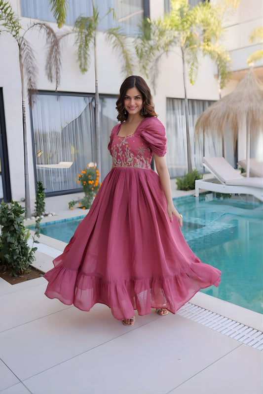 Stylish Rose Pink Embroidered Chanderi Designer Gown with Cap Sleeves for Women