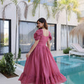 Stylish Rose Pink Embroidered Chanderi Designer Gown with Cap Sleeves for Women