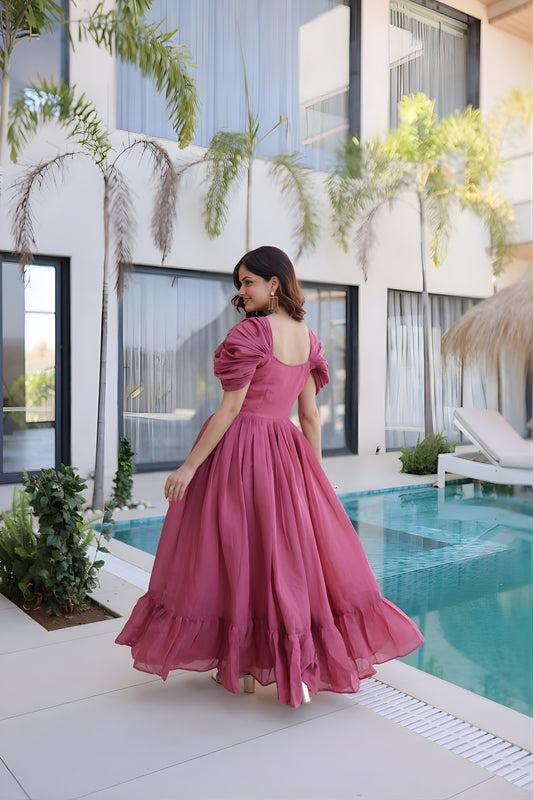 Stylish Rose Pink Embroidered Chanderi Designer Gown with Cap Sleeves for Women