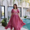 Stylish Rose Pink Embroidered Chanderi Designer Gown with Cap Sleeves for Women