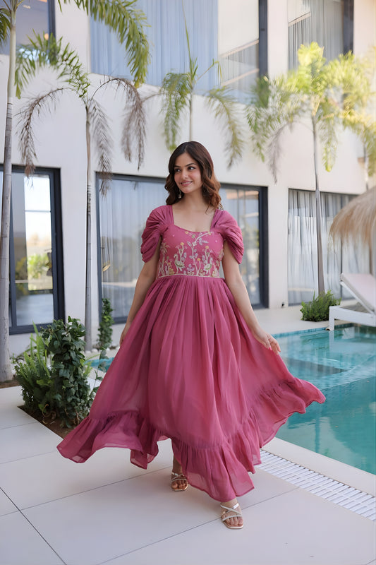 Stylish Rose Pink Embroidered Chanderi Designer Gown with Cap Sleeves for Women