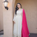 Elegant Off White Embroidered Cosmos Readymade Gown with Pink Dupatta for Women