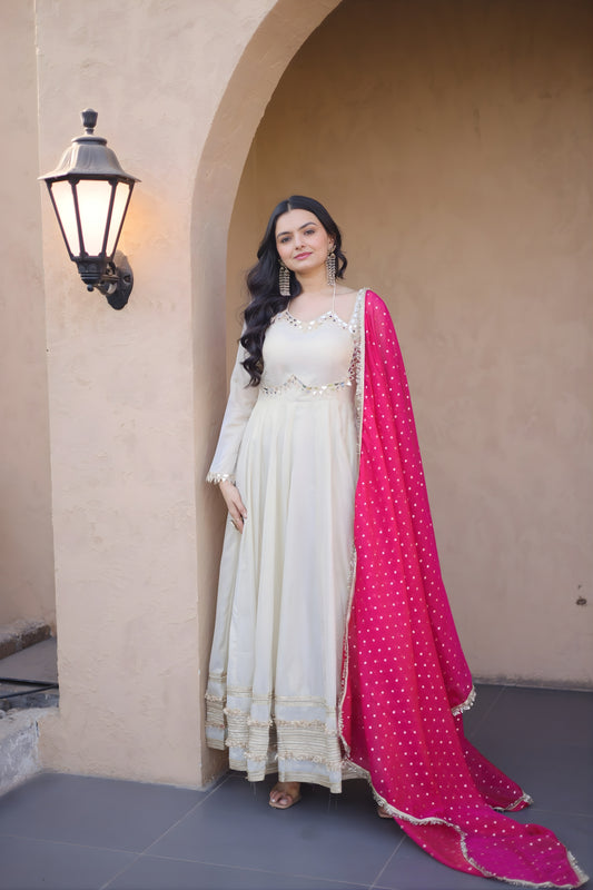 Elegant Off White Embroidered Cosmos Readymade Gown with Pink Dupatta for Women