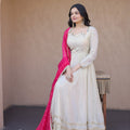 Elegant Off White Embroidered Cosmos Readymade Gown with Pink Dupatta for Women