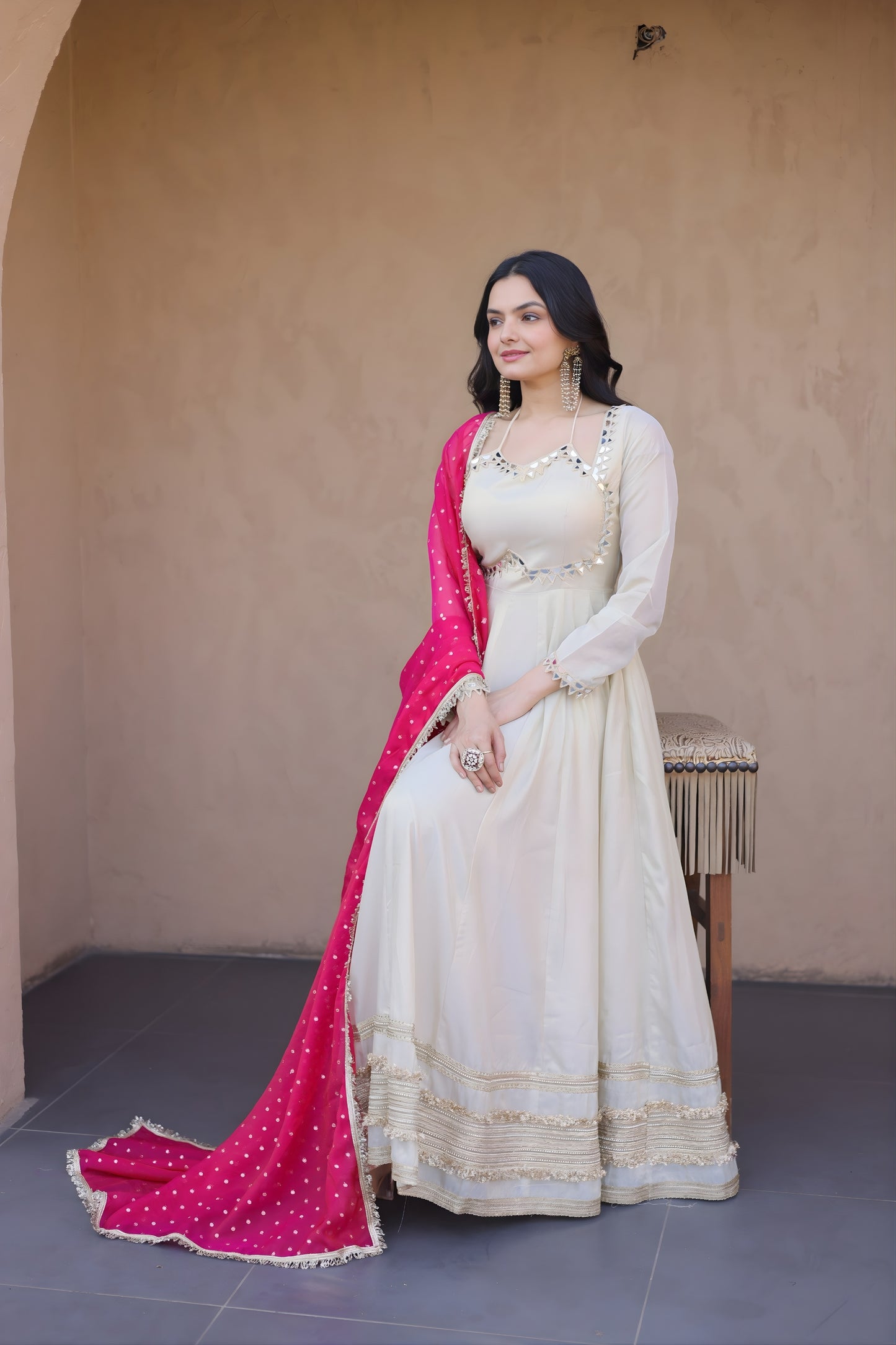 Elegant Off White Embroidered Cosmos Readymade Gown with Pink Dupatta for Women