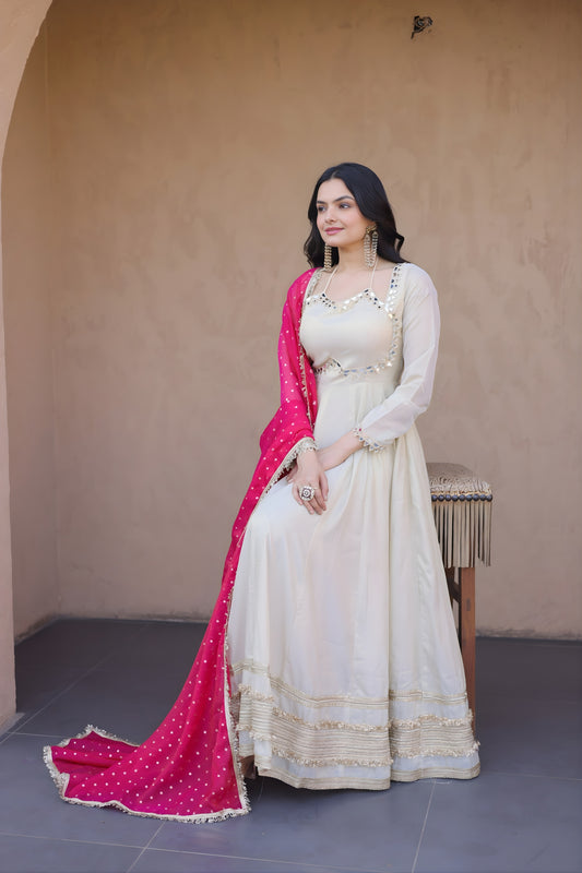 Elegant Off White Embroidered Cosmos Readymade Gown with Pink Dupatta for Women