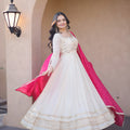 Elegant Off White Embroidered Cosmos Readymade Gown with Pink Dupatta for Women