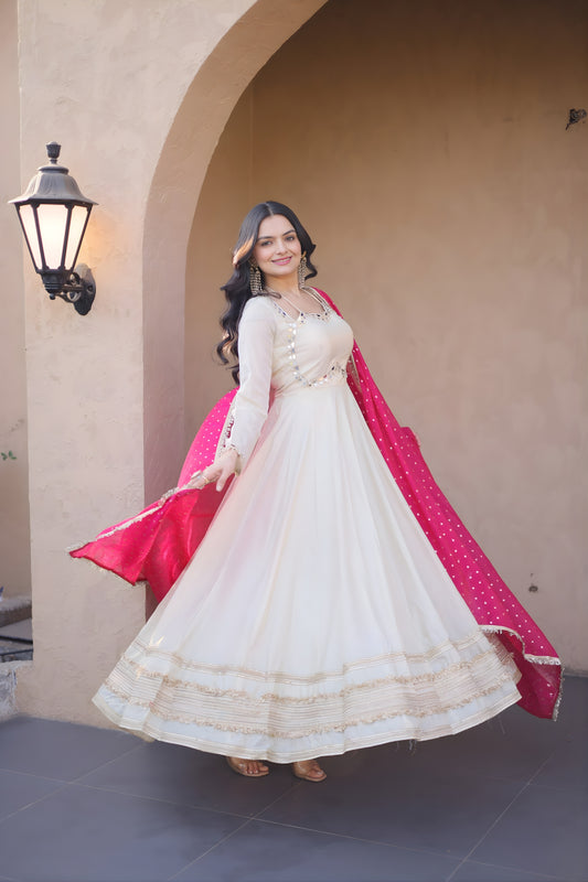 Elegant Off White Embroidered Cosmos Readymade Gown with Pink Dupatta for Women