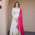Elegant Off White Embroidered Cosmos Readymade Gown with Pink Dupatta for Women