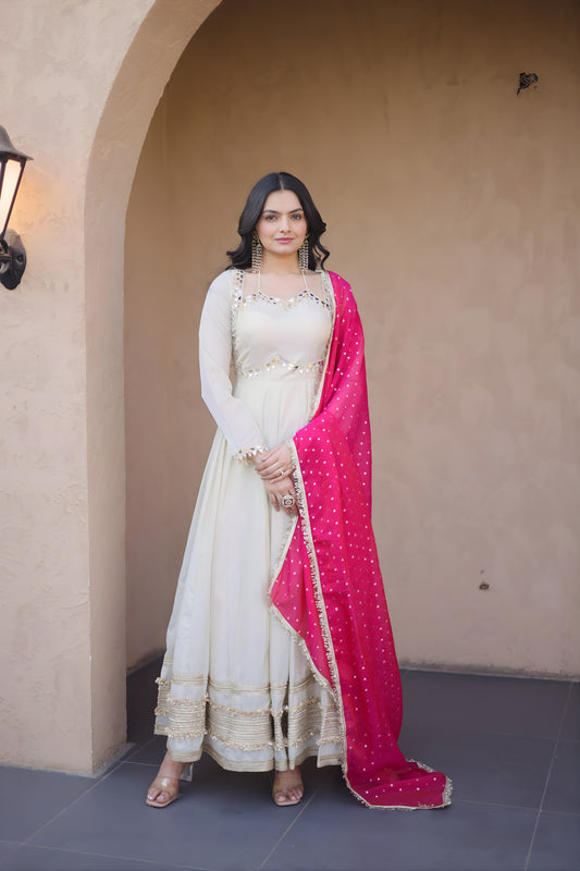 Elegant Off White Embroidered Cosmos Readymade Gown with Pink Dupatta for Women