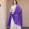 Stylish Off White Embroidered Cosmos Readymade Gown with Purple Dupatta for Women