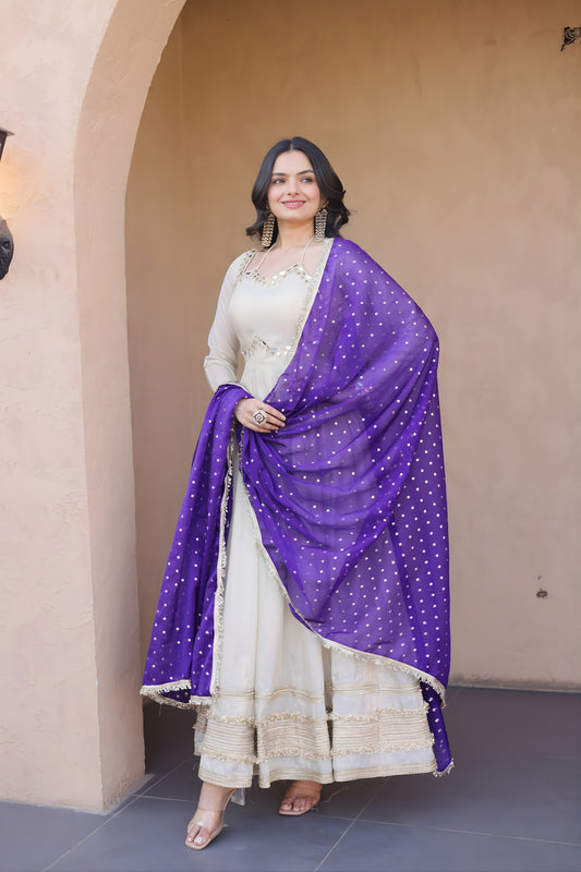 Stylish Off White Embroidered Cosmos Readymade Gown with Purple Dupatta for Women