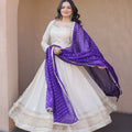 Stylish Off White Embroidered Cosmos Readymade Gown with Purple Dupatta for Women