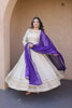 Stylish Off White Embroidered Cosmos Readymade Gown with Purple Dupatta for Women