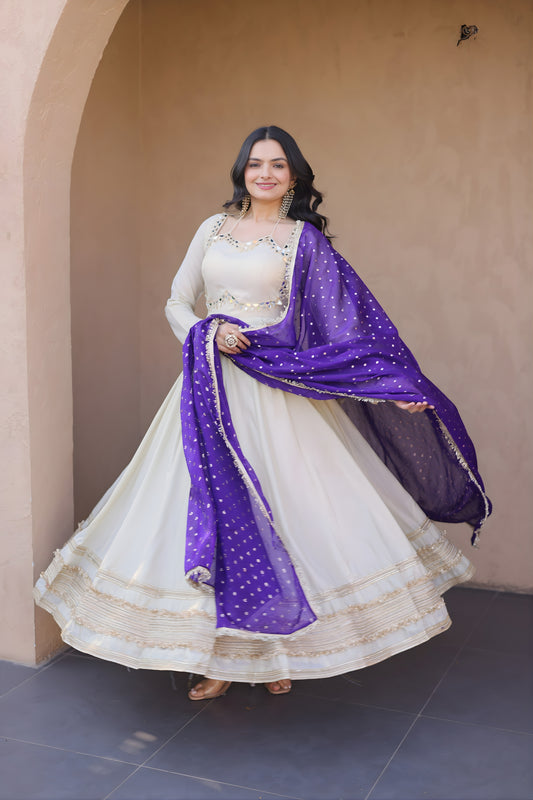 Stylish Off White Embroidered Cosmos Readymade Gown with Purple Dupatta for Women