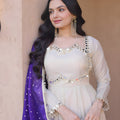 Stylish Off White Embroidered Cosmos Readymade Gown with Purple Dupatta for Women