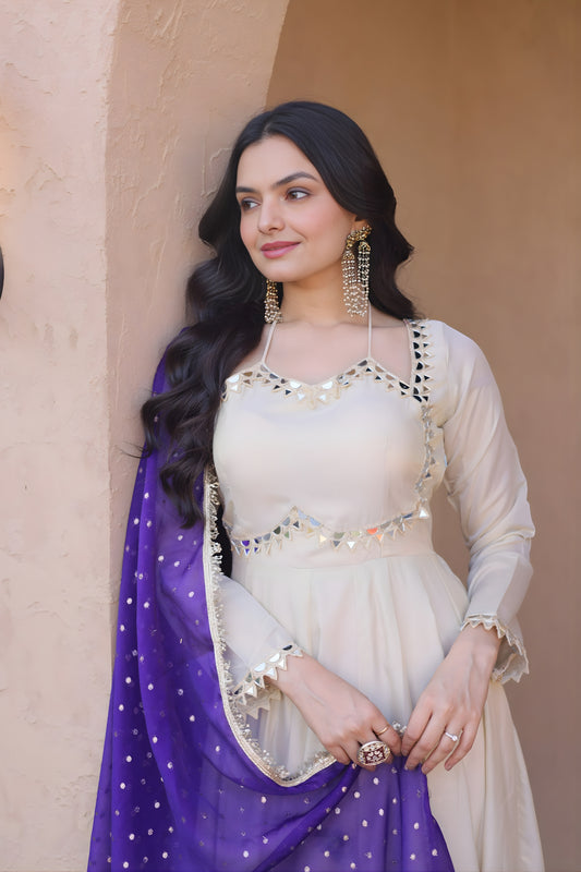 Stylish Off White Embroidered Cosmos Readymade Gown with Purple Dupatta for Women