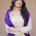 Stylish Off White Embroidered Cosmos Readymade Gown with Purple Dupatta for Women