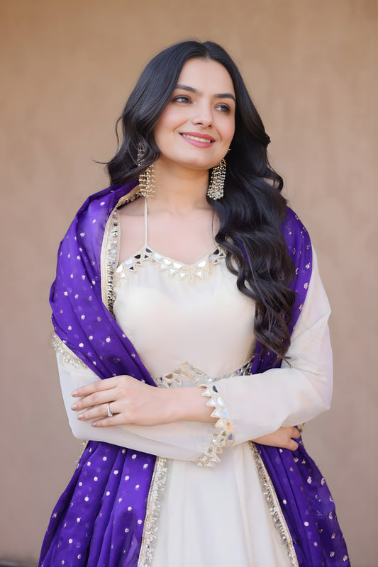 Stylish Off White Embroidered Cosmos Readymade Gown with Purple Dupatta for Women