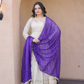 Stylish Off White Embroidered Cosmos Readymade Gown with Purple Dupatta for Women