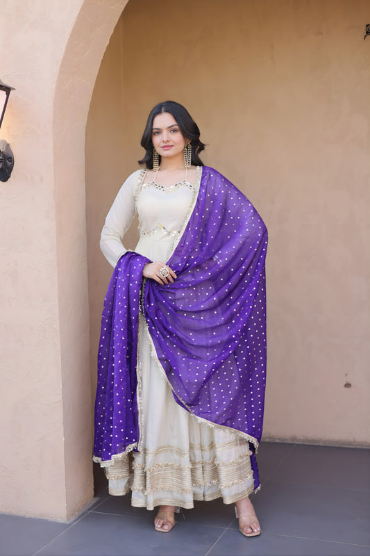 Stylish Off White Embroidered Cosmos Readymade Gown with Purple Dupatta for Women